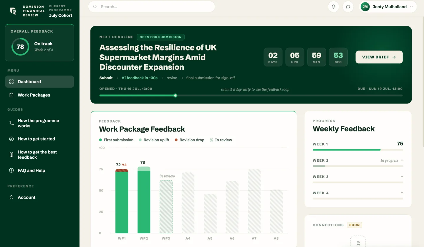 The Dominion Programme dashboard, showing the open work package deadline and feedback panels
