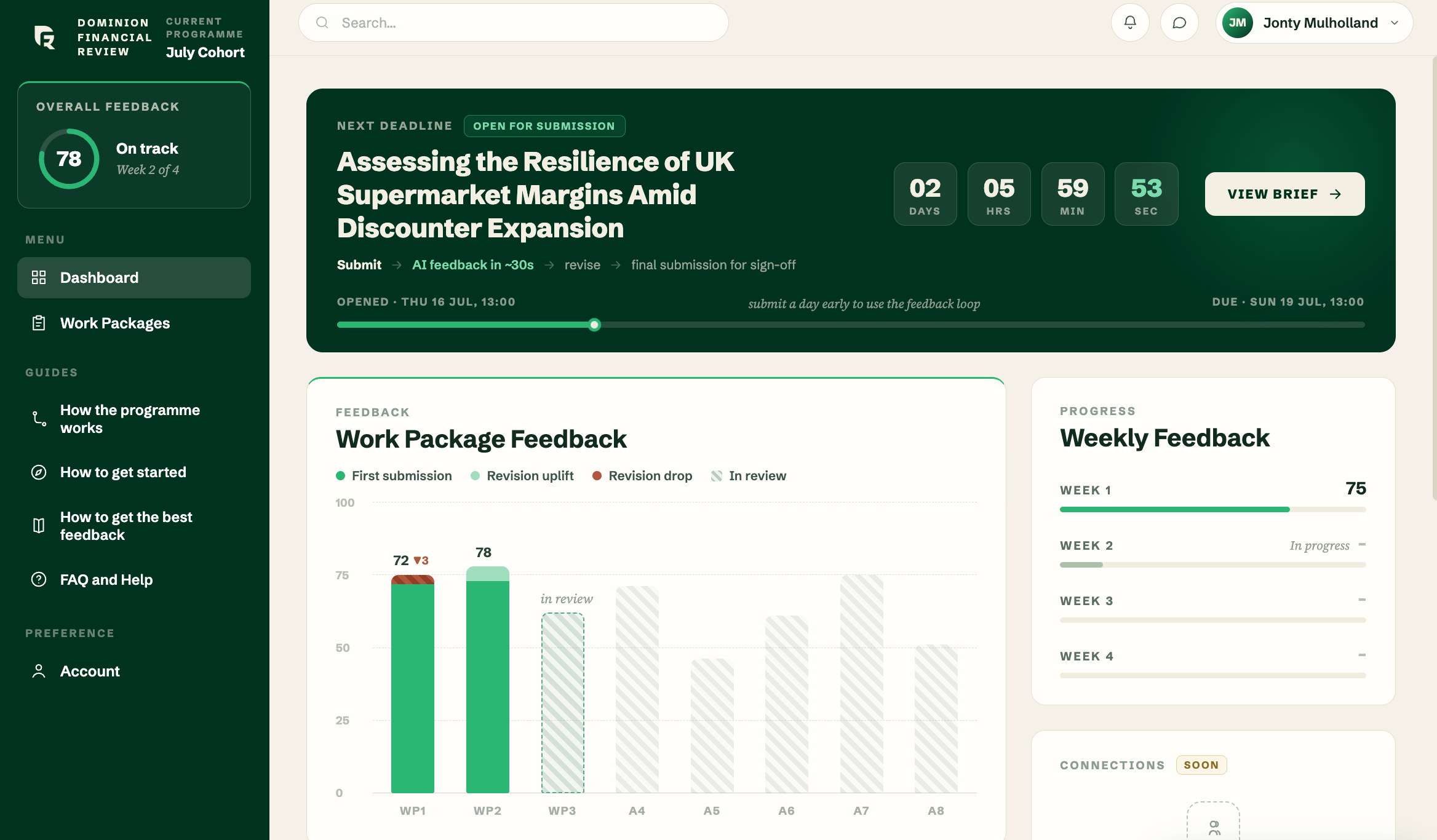 The Dominion Programme dashboard, showing the open work package deadline and feedback panels
